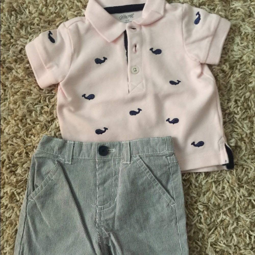 Little Me Pink Polo Whales Striped Blue Shorts